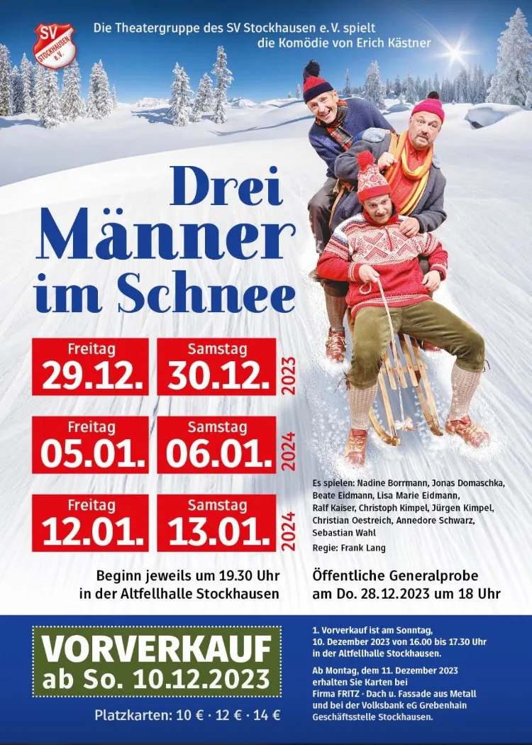 Plakat „Drei Männer im Schnee“, Theatergruppe des SV Stockhausen, Aufführungen vom 29. Dezember 2023 bis 13. Januar 2024 in der Altfellhalle